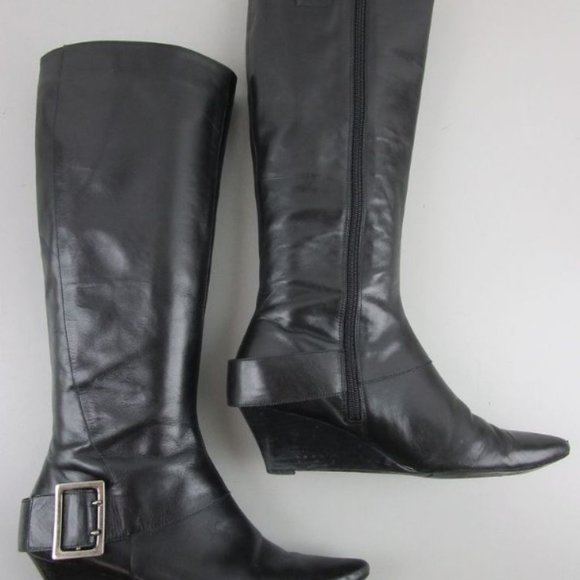 Nine West Womens Black Leather Wedge Boots Sz 7.5 - Picture 4 of 6